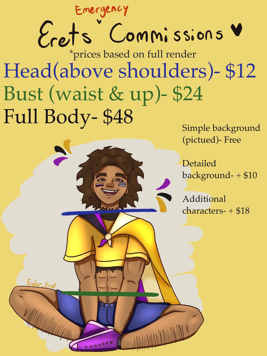 Ender_Eret's tweet image. Emergency comms! Student loans are rough 😭
If you're interested DM me here or on Discord- ender_eret
NO NSFW, gore is open for discussion.
I'm able to draw humans, furries, and animals. I WILL do fanart or OCs- refs needed.
RTs appreciated!
Venmo/Paypal only! (sorry)