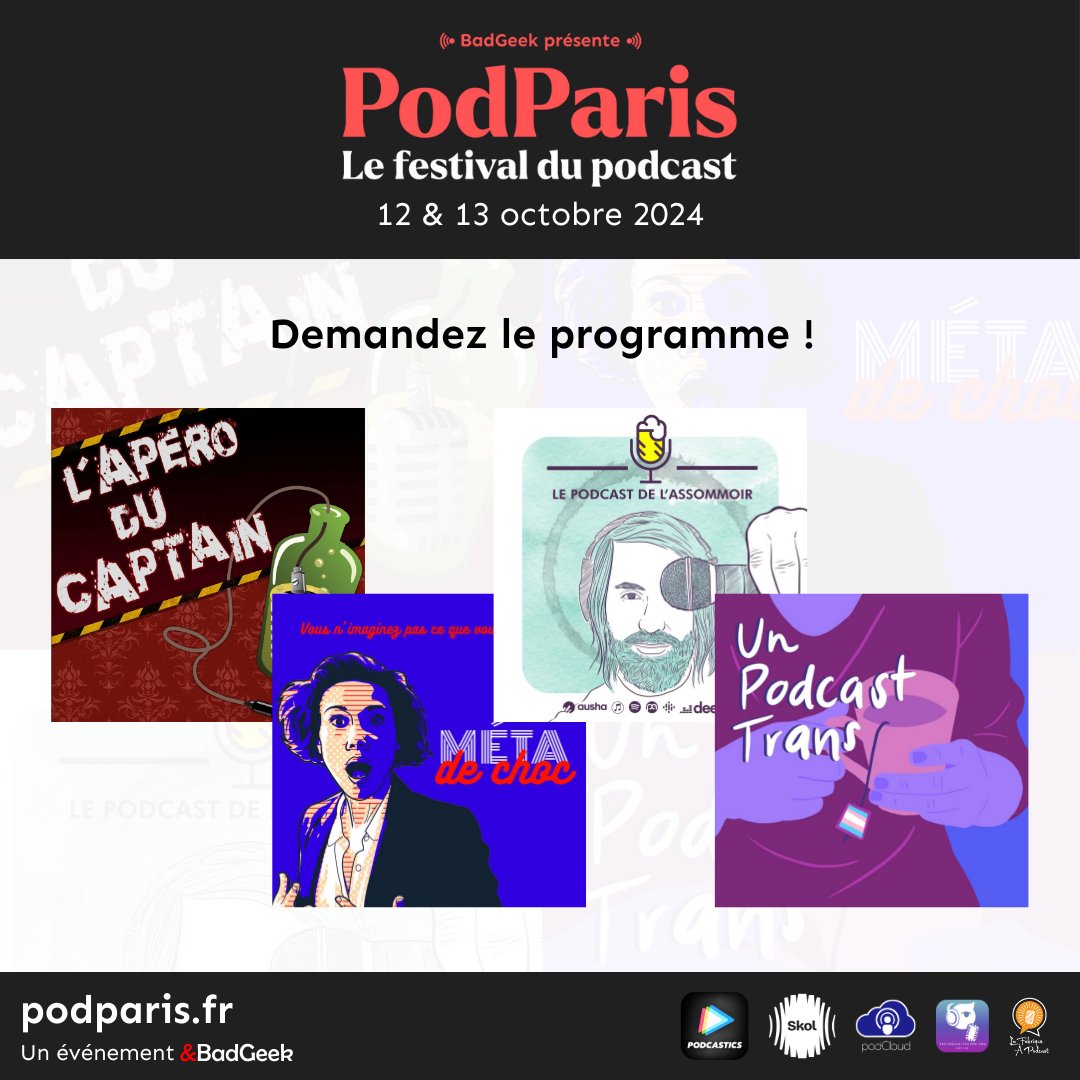 PodRennes (@podrennes) on Twitter photo Nous souhaitons la bienvenue aux quatre premiers podcasts de la sélection 2024 de PodParis ! Un tonnerre d'applaudissements pour <a href="/AperoDuCaptain/">Apéro Du Captain</a>, <a href="/ChocMeta/">Méta de Choc</a>, @podassommoir et <a href="/UnPodcastTrans/">Un Podcast Trans 🏳️⚧️</a> 👏 Nous souhaitons la bienvenue aux quatre premiers podcasts de la sélection 2024 de PodParis ! Un tonnerre d'applaudissements pour <a href="/AperoDuCaptain/">Apéro Du Captain</a>, <a href="/ChocMeta/">Méta de Choc</a>, @podassommoir et <a href="/UnPodcastTrans/">Un Podcast Trans 🏳️⚧️</a> 👏