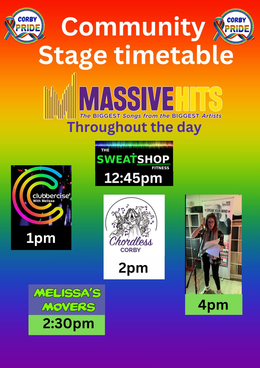 This year we also have a Community Stage which will be showcasing the best of Corby. Massive Hits Radio are our compere's on the day &amp; The Sweatshop Fitness Melissa's Movers Clubbercise Corby/Kettering with Melissa, Chordless Choir &amp; Courtney Ward will be showcasing their talents