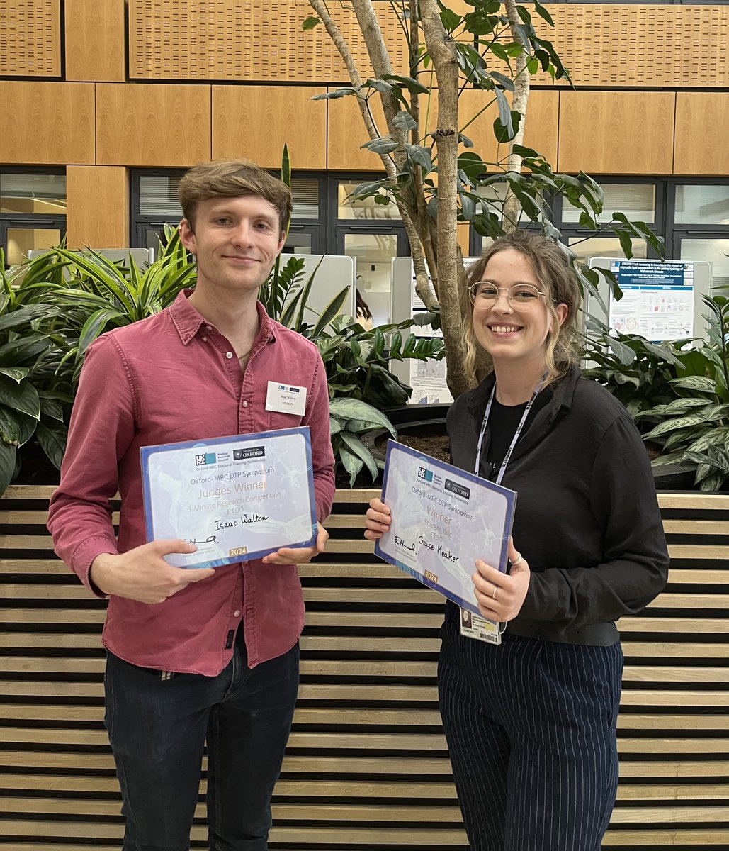 MRC_WIMM's tweet photo. Congratulations to our students @grace_meaker and @IsaacSWalton, who both won awards at the Oxford MRC Doctoral Training Partnership Symposium (@Oxford_MRC_DTP) earlier today.

Grace won the first prize in the student short talks, with her piece on 'The Novel Role of Runx Factors: Regulating Haematopoietic Stem Cell Expansion'.

Isaac won the Judge’s Award in the 3-Minute Research Competition.

Well done both!