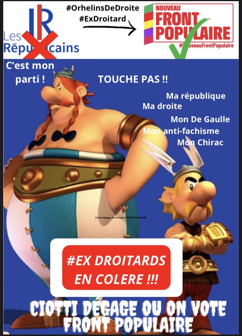 Merci Jean pour l image 👍👍

Cette alliance extreme droitiere est insupportable pour les militants de longue date de l UMP que nous sommes…. Si mosieur Ciotti  ne se retire pas alors je donnerai ma voix au #Frontpopulaire .. a contre coeur mais c est comme ca 🇫🇷🌎