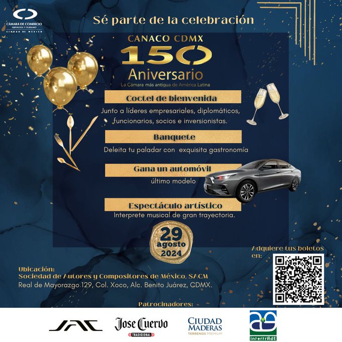 CANACOMexico's tweet image. #Hoyesviernes
¿Estás pensando dónde ir a celebrar?
Festejemos juntos los 150 años de la @CANACOMexico.
Reserva tu lugar ahora y recibe un boleto para tener la oportunidad de ganar un automóvil último modelo.
Contáctanos:
✉️glcanedo@ccmexico.com.mx 
📲5536852269