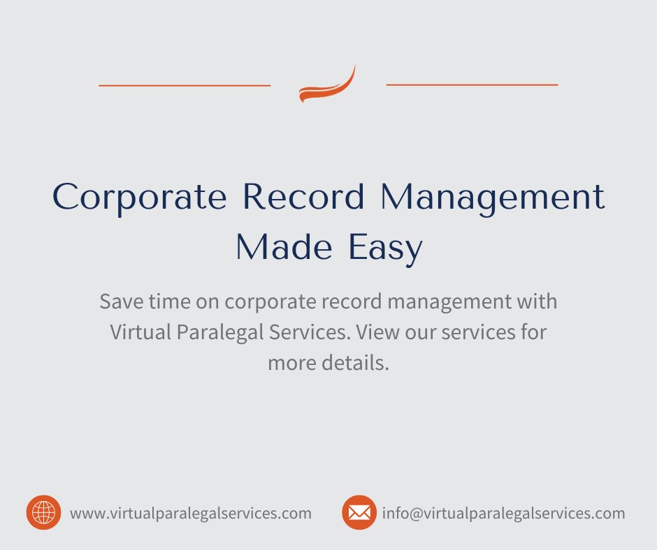Corporate Record Management made easy.

Outsource corporate record management to Virtual Paralegal Services and free up your calendar for the work you find most impactful.

View our suite of #corporategovernance services: bit.ly/3xbAce3