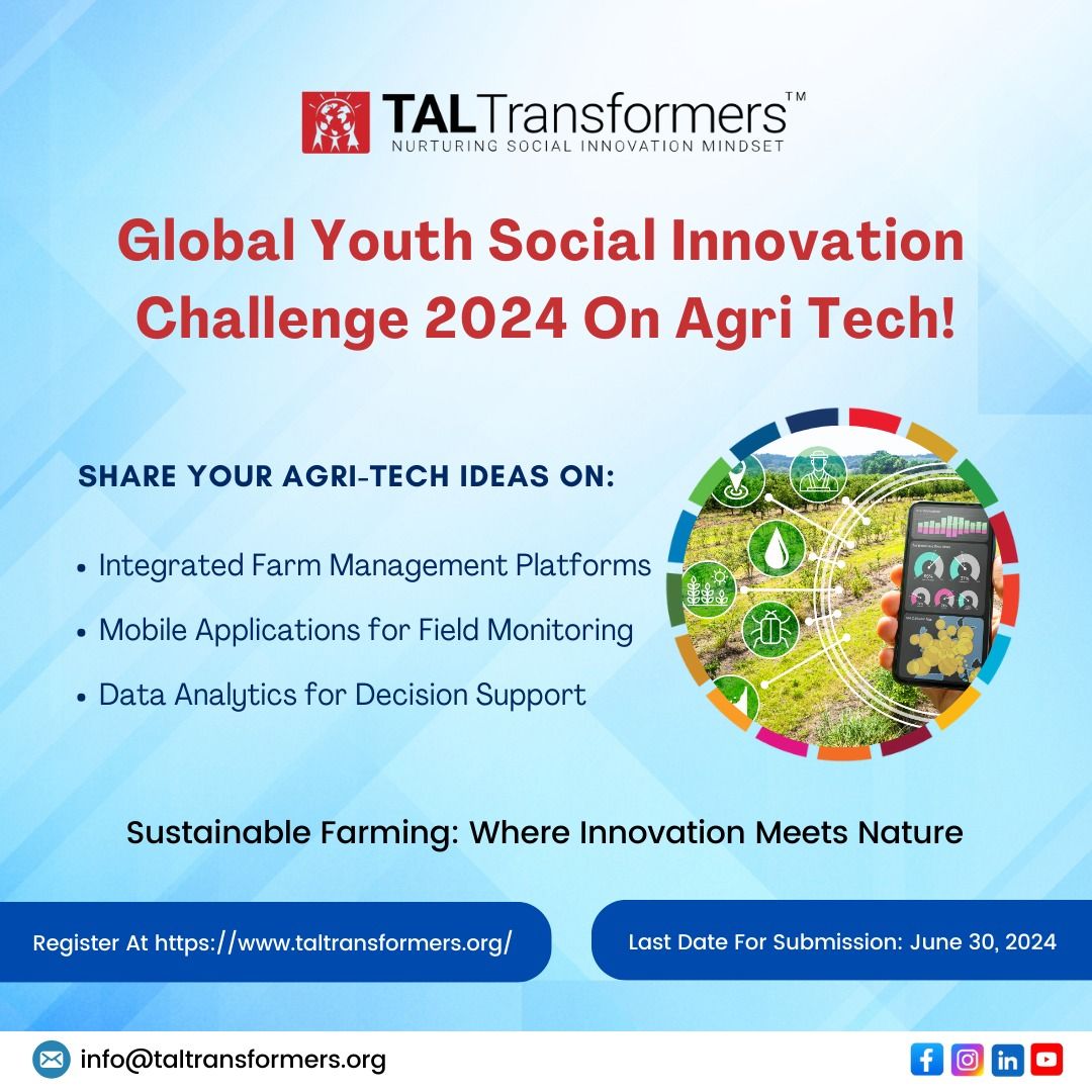 🌿 Showcase your sustainable farming ideas in the Global Youth Social Innovation Challenge 2024! 
Submit by June 30. 

Register now: app.taltransformers.org/signup

For info, email info@taltransformers.org.

#touchalifefoundation #taltransformers
<a href="/VGundavelli/">Veena Gundavelli</a> <a href="/saigundavelli/">Sai Gundavelli</a>