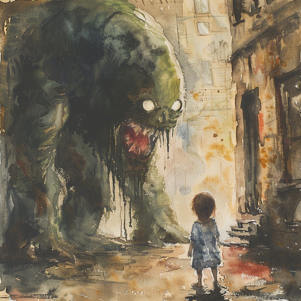 mariia_gonchar's tweet photo. Joining the #MonsterFactory fray with @mazeguru_ai! My watercolor explores fear & perception. Is the monster what we see, or how we see it? A child hides, a friendly creature misunderstood. #MonsterWithin #ArtChallenge #Watercolor #AI https://t.co/6uSVhnQnFB