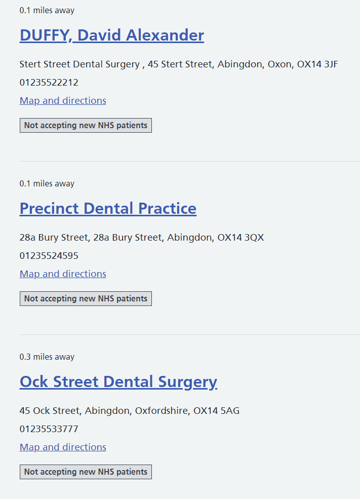 StephenEDWebb's tweet photo. This is the reality of NHS dentistry after 14 years of Conservative government. Oxford West and Abingdon residents cannot find NHS dental care. https://t.co/fM7xpDkBfi