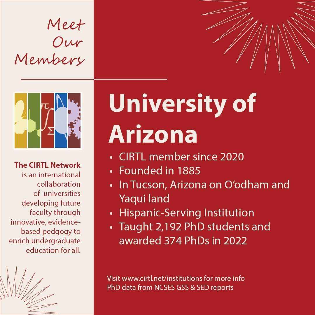 This week's member in the spotlight is <a href="/UofArizona/">Tanner Smith [MNøPW]</a>, a CIRTL member since 2020. U of Arizona adds to our ranks of minority-serving institutions as one of 7 Hispanic-serving institutions in the Network. Read more about their local work at buff.ly/3VmDtQU.