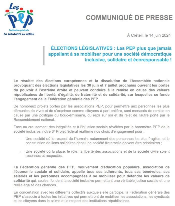 🚩Communiqué de presse📣

🗳️ÉLECTIONS LÉGISLATIVES 🇫🇷

Les PEP 🌐plus que jamais 
appellent à se mobiliser pour une société démocratique 
inclusive, solidaire et écoresponsable !

🫂🩵🌿

lespep.org/publication/cp…