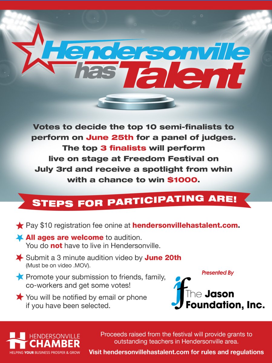 Time to Audition! Deadline for Talent is Quickly Approaching! Deadline is June 20th, 2024! Visit hendersonvillehastalent.com for more information.