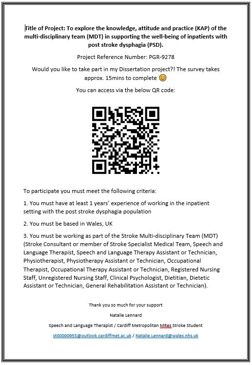 Stroke Hub Wales (@strokehubwales) on Twitter photo This #StrokeSpotlight is spotlighting the research of <a href="/Nat_Lennard/">Natalie Lennard</a>, our MRes student!
Are you a part of a MDT? Are you working in post-stroke dysphagia? Tell us about your experience! Link here: cardiffmet.eu.qualtrics.com/jfe/form/SV_02…
Have questions? Reach out to Natalie or <a href="/AbdulSeckam/">Dr Abdul Seckam</a> This #StrokeSpotlight is spotlighting the research of <a href="/Nat_Lennard/">Natalie Lennard</a>, our MRes student!
Are you a part of a MDT? Are you working in post-stroke dysphagia? Tell us about your experience! Link here: cardiffmet.eu.qualtrics.com/jfe/form/SV_02…
Have questions? Reach out to Natalie or <a href="/AbdulSeckam/">Dr Abdul Seckam</a>