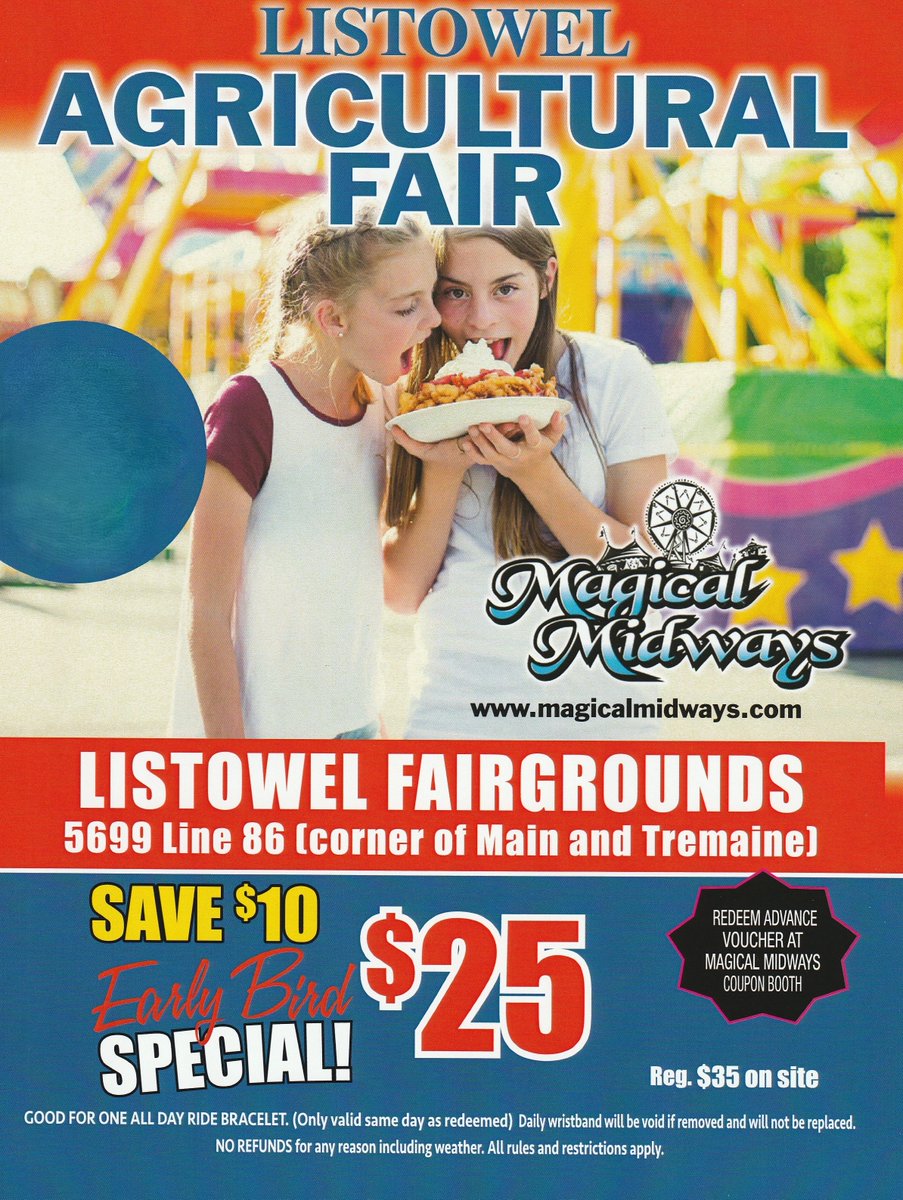 FAIR FEATURE FRIDAY! Advanced Midway passes are now on sale for the Listowel Fair, July 18-21, 2024! Pass is good for 1 day of the fair &amp; you pick which day you want to use it! Passes available @ McIntosh Farms 167 Argyle Ave. N., Listowel, hours, Wed.-Fri. 10am-6pm Sat. 10am-4pm