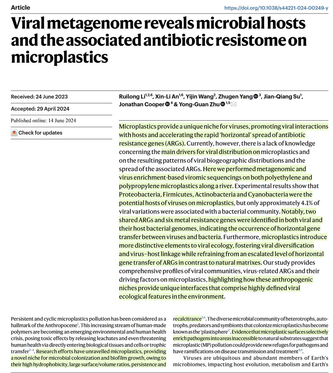 EricTopol's tweet photo. It's bad enough that microplastics have been found throughout our body and tied to clinical sequelae, but they also support residence by viruses that promote antimicrobial resistance
https://t.co/3Ys2Fq3EuZ @NatureWaterJnl