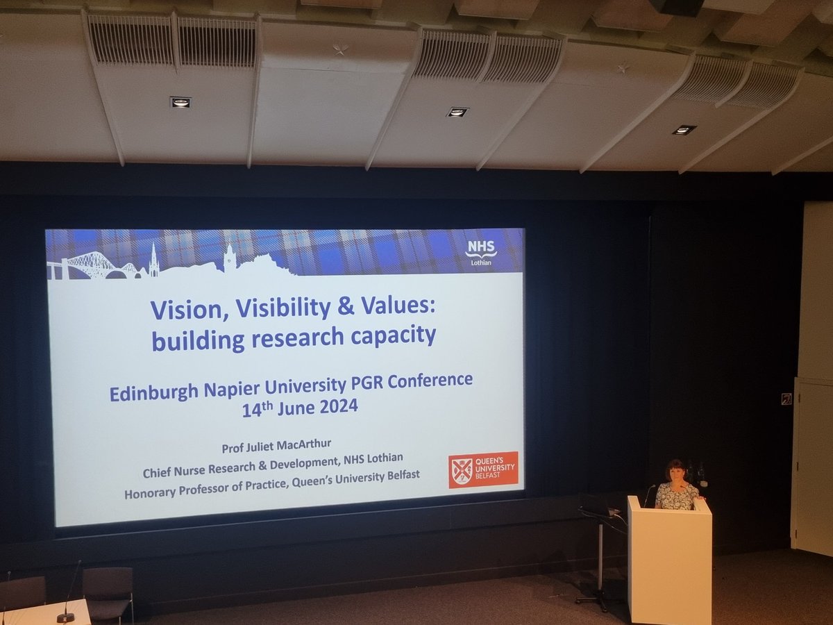 Alix_jane's tweet photo. Great morning at the @EdinburghNapier PGR conference hearing @JulietMacArthur share her Vision, Visibility &amp; Values for Clinical Academic NMAHPs in @NHS_Lothian https://t.co/WfoGLLjAj8