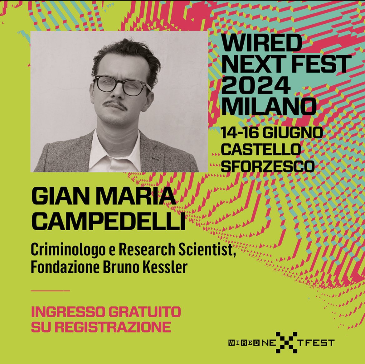 Gian Maria Campedelli (@campedelligian) on Twitter photo 📣Questa domenica (h 12:35) sarò ospite di <a href="/wireditalia/">Wired Italia</a> per il Next Fest che si terrà a Milano.
Parlerò di criminologia computazionale, tentando inoltre di mostrare come i dati ci aiutino a sfatare miti su sicurezza e criminalità.
Per iscriversi: eventi.wired.it/nextfest24-mil… #WNF24 📣Questa domenica (h 12:35) sarò ospite di <a href="/wireditalia/">Wired Italia</a> per il Next Fest che si terrà a Milano.
Parlerò di criminologia computazionale, tentando inoltre di mostrare come i dati ci aiutino a sfatare miti su sicurezza e criminalità.
Per iscriversi: eventi.wired.it/nextfest24-mil… #WNF24