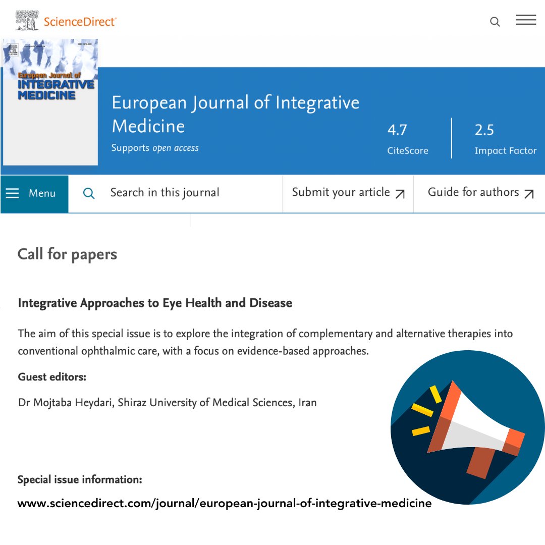 EuJIMonline's tweet image. 📣 Call for papers
sciencedirect.com/journal/europe…

Integrative Approaches to Eye Health &amp;amp; Disease 👁️

👉 The aim of this special issue is to explore the integration of #complementary therapies into conventional #ophthalmic care, with a focus on evidence-based approaches

⏳ 15 Sept. '24