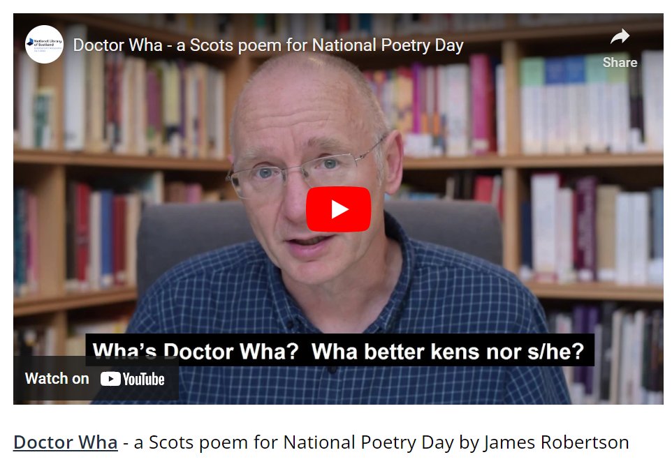 We're affa late tae the pairty fir #GiesAScotsPoemDay! 

But ye can watch an listen tae the likes o James Robertson, Sheena Blackhall an Len Pennie readin oot poems in #Scots here: bit.ly/ScotsPoetryVid…