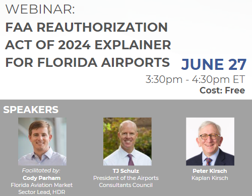 FLairports's tweet photo. FAC is hosting a FREE Webinar on FAA Reauthorization Act of 2024 Explainer for Florida Airports.  
Topics include AIP and PFC program updates, alternative project delivery, workforce development, and more.
Register now: https://t.co/LB8Czn4mN9 https://t.co/fV8Tn8Po6m