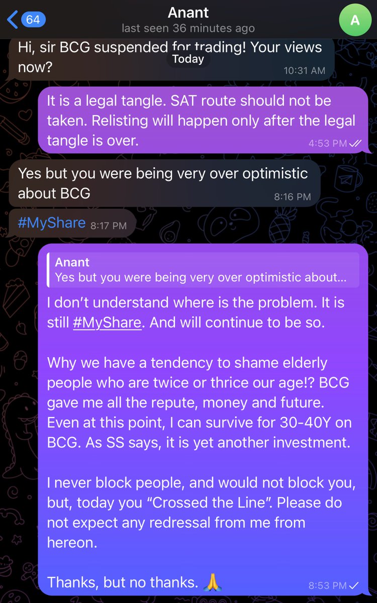 BiTW_SS's tweet photo. #MyShare is becoming a joke. This time I am not removing the names, because I am personally on direct attack. 

You two ⁦@suresh_66⁩ &amp; ⁦@kallolsen⁩ owe this “insult” to me. You have to pay for it! Or, the ETERNAL will make you to pay for it, to every Shareholder.😡 https://t.co/YAQqZqwUnk