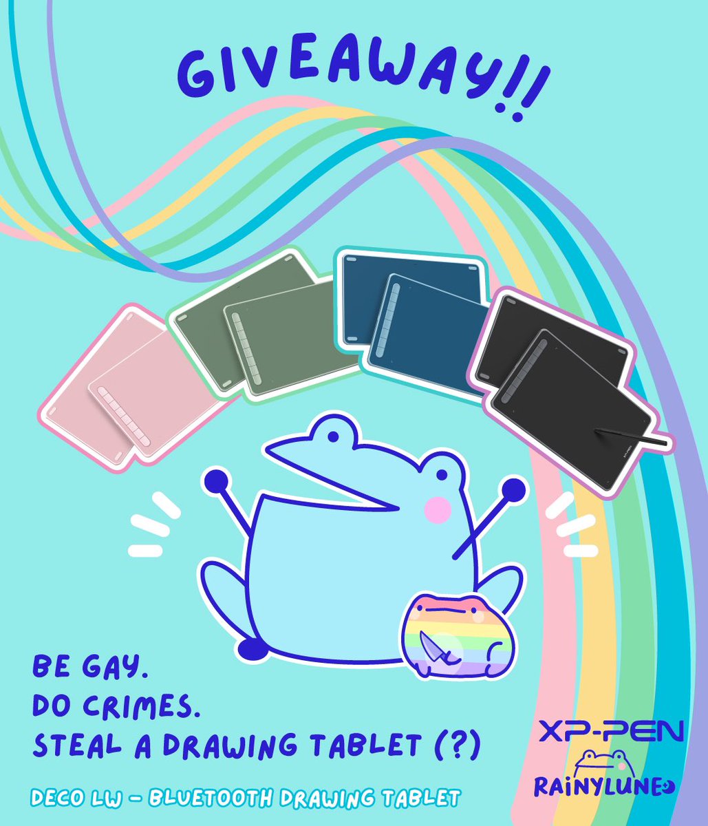 rainylune's tweet image. to celebrate pride i am stealing some drawing tablets from @xppen_UK to give away to 4 winners!! 🏳️‍🌈🐸🔪

rules:
🌈 follow me &amp;amp; @xppen_UK
🌈 like &amp;amp; retweet this post
ends 6/30/24