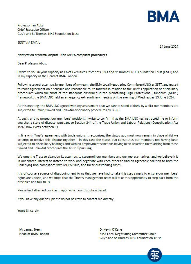 James Steen (@bma_james_steen) on Twitter photo Today we entered into a formal dispute with <a href="/GSTTnhs/">Guy's and St Thomas'</a>.
Doctors at GSTT deserve the same procedural protections as doctors working elsewhere in the NHS.
BMA members look to your emails for a message from us and to complete a short survey.
#InjuryToOneIsAnInjuryToAll ✊🏼 Today we entered into a formal dispute with <a href="/GSTTnhs/">Guy's and St Thomas'</a>.
Doctors at GSTT deserve the same procedural protections as doctors working elsewhere in the NHS.
BMA members look to your emails for a message from us and to complete a short survey.
#InjuryToOneIsAnInjuryToAll ✊🏼