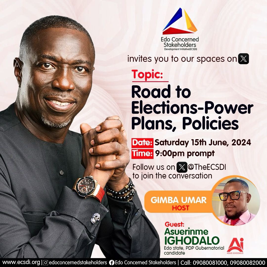 The countdown continues to yet another epic interactive session on the <a href="/THEECSDI/">Edo Concerned Stakeholders</a> X(twitter) spaces.  
Dr Asue Ighodalo the PDP Governorship candidate, is our special guest and as always, it promises to be another engaging session.  
Follow us on X <a href="/THEECSDI/">Edo Concerned Stakeholders</a> and be sure to log in