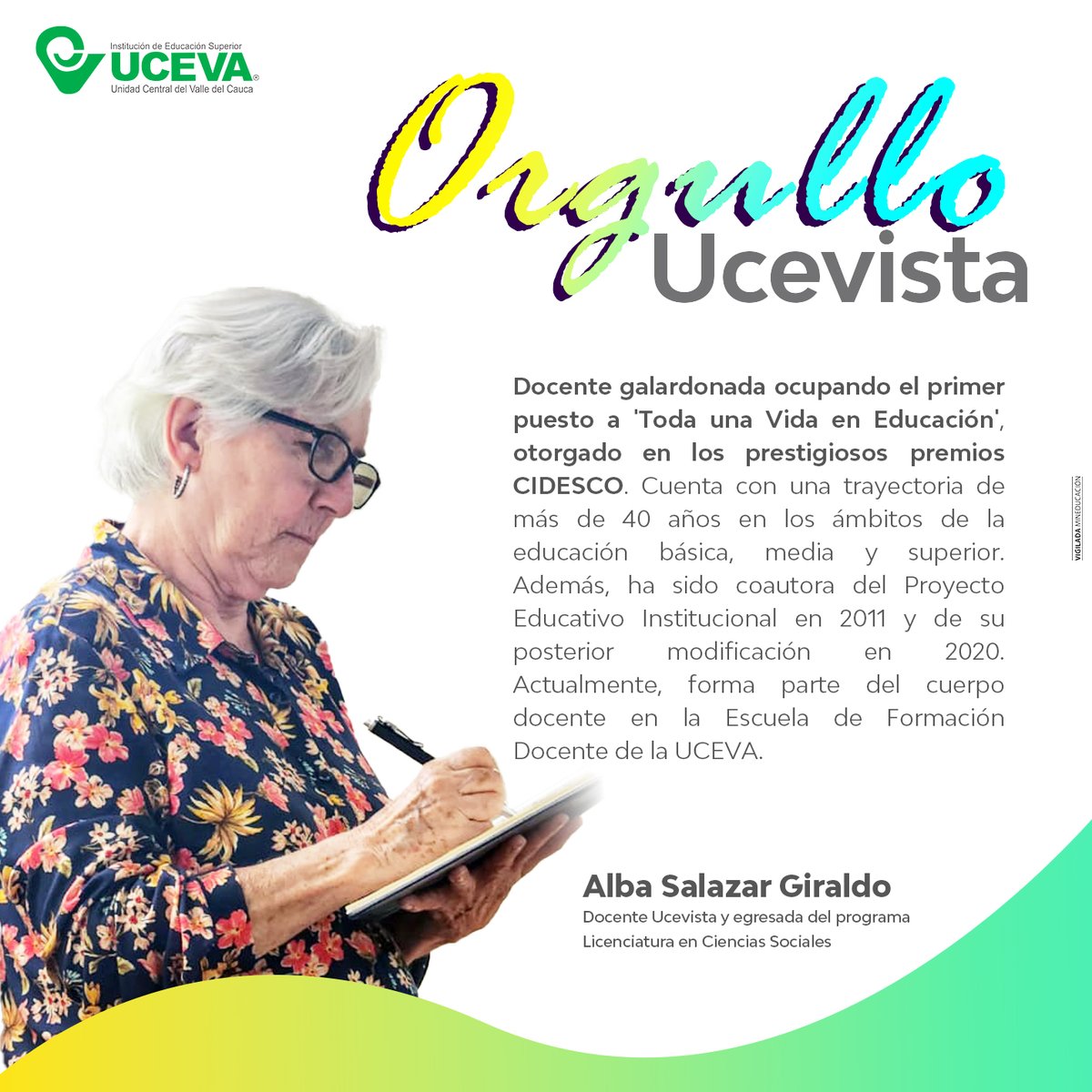 ucevacol's tweet image. 💚En la UCEVA exaltamos la excelencia y dedicación de nuestros egresados, estudiantes y docentes.
En está ocasión nuestra docente Alba Salazar Giraldo, tiene el privilegio de destacarse en #orgulloucevista 👏