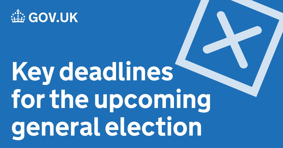 GOVUK's tweet image. 🚨 Don&apos;t miss out. Register to vote.

▶️ Register to vote - 18 June at 11:59pm
▶️ Apply for a postal vote - 19 June at 5pm
▶️ Apply for a proxy vote - 26 June at 5pm
▶️ Apply for a voter authority certificate (Voter ID) - 26 June at 5pm
▶️ General election - 4 July