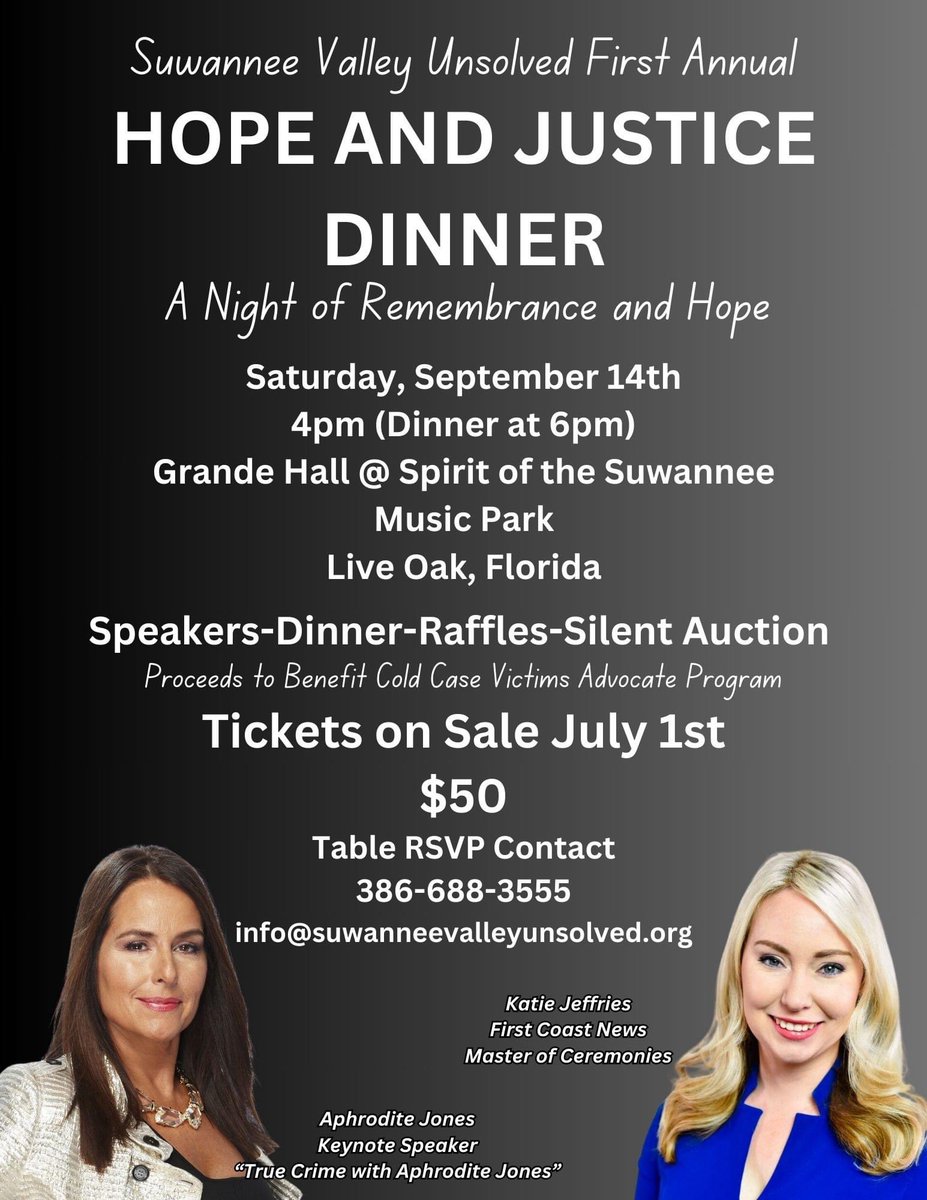 SuwValUnsolved's tweet photo. We are looking forward to the upcoming Hope and Justice Dinner in September, with our special guest Aphrodite Jones! Tickets on sale July 1st through @BetterWorldHQ! 

#HopeandJustice #AphroditeJones #truecrime #dinner #florida #suwanneecounty #rememberingvictims #unsolved #MMP https://t.co/BUwguPiXi9