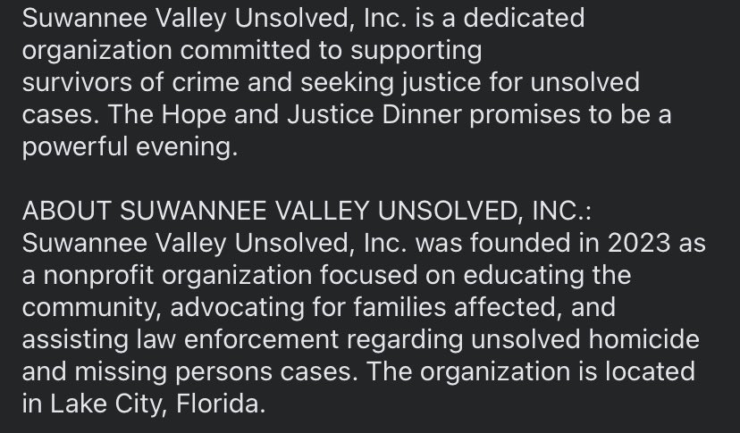 SuwValUnsolved's tweet photo. We are looking forward to the upcoming Hope and Justice Dinner in September, with our special guest Aphrodite Jones! Tickets on sale July 1st through @BetterWorldHQ! 

#HopeandJustice #AphroditeJones #truecrime #dinner #florida #suwanneecounty #rememberingvictims #unsolved #MMP https://t.co/BUwguPiXi9