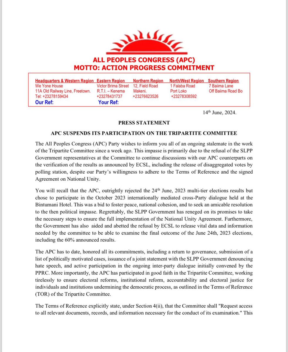 MountNSL's tweet photo. The #APC has withdrawn from the “Tripartite Committee” talks mediated by the international community with the #SLPP due to the government's lack of commitment to the terms. This comes amid concerns over @PresidentBio's despotic rule since 2018. #SierraLeone's peace is at stake. https://t.co/oX7JqyIxOX