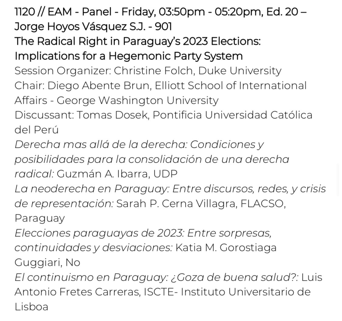 👇🏽👇🏽#EsAhora una conversación sobre las elecciones en Paraguay 🇵🇾 de 2023 y la actualidad política del país con <a href="/LuisFretesC/">Luis Fretes Carreras</a> <a href="/SarahCernaV/">Sarah Cerna Villagra</a> <a href="/christinefolch/">Christine Folch</a> #GuzmanIbarra <a href="/katiagorostiaga/">Katia Gorostiaga</a> organizada por <a href="/DiegoAbenteBrun/">Diego Abente Brun</a> en @LASA_2024 @LASACONGRESS 🇨🇴