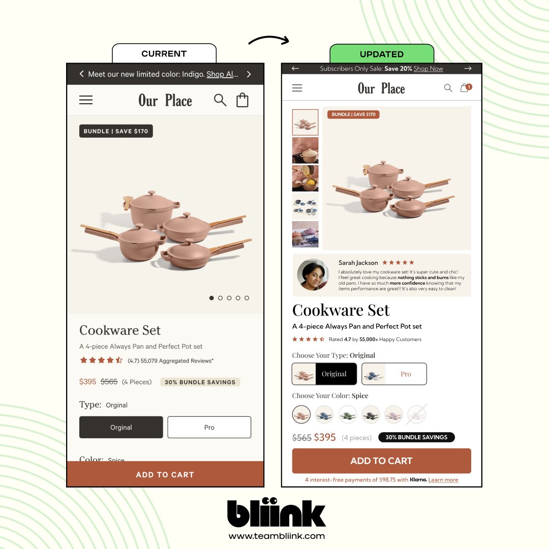 Some small tweaks could have a big impact on the <a href="/ourplace/">Our Place</a> PDP.  By adding a customer review beneath the product image, key benefits are showcased through genuine feedback early above the fold.🔍