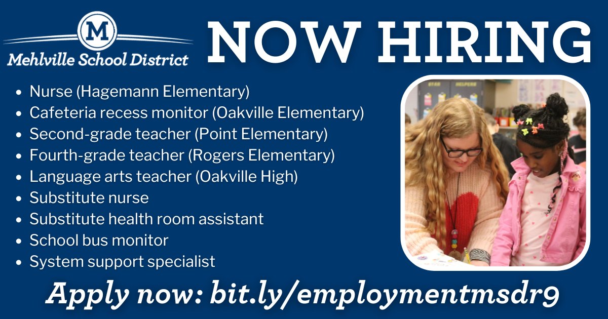 MehlvilleSD's tweet photo. We’re hiring for certified teaching positions, as well as full- and part-time support staff positions for the 2024-2025 school year. Please share this post with anyone who is a good fit for these jobs! Visit https://t.co/VRpfSzq2FC to learn more and to apply! #msdr9 https://t.co/67uVogR3wn