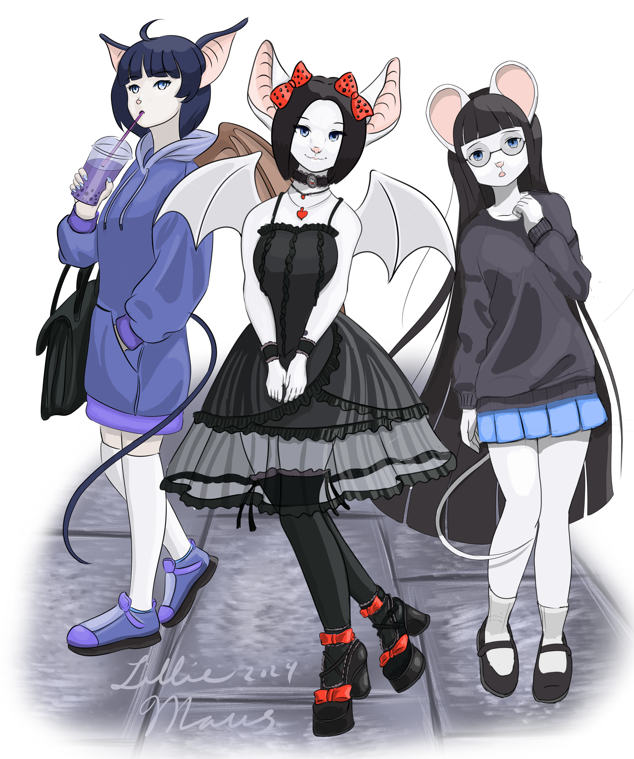 Lillymaus23's tweet photo. Many Mauses. Three versions of LillyMaus. Right is original SL Maus. Center is current SL Maus. Left is Maus on VRC and Twitch. Was fun to draw. Tried paying more attention to proportion but kept shading simple. https://t.co/y5vNgd7GrF