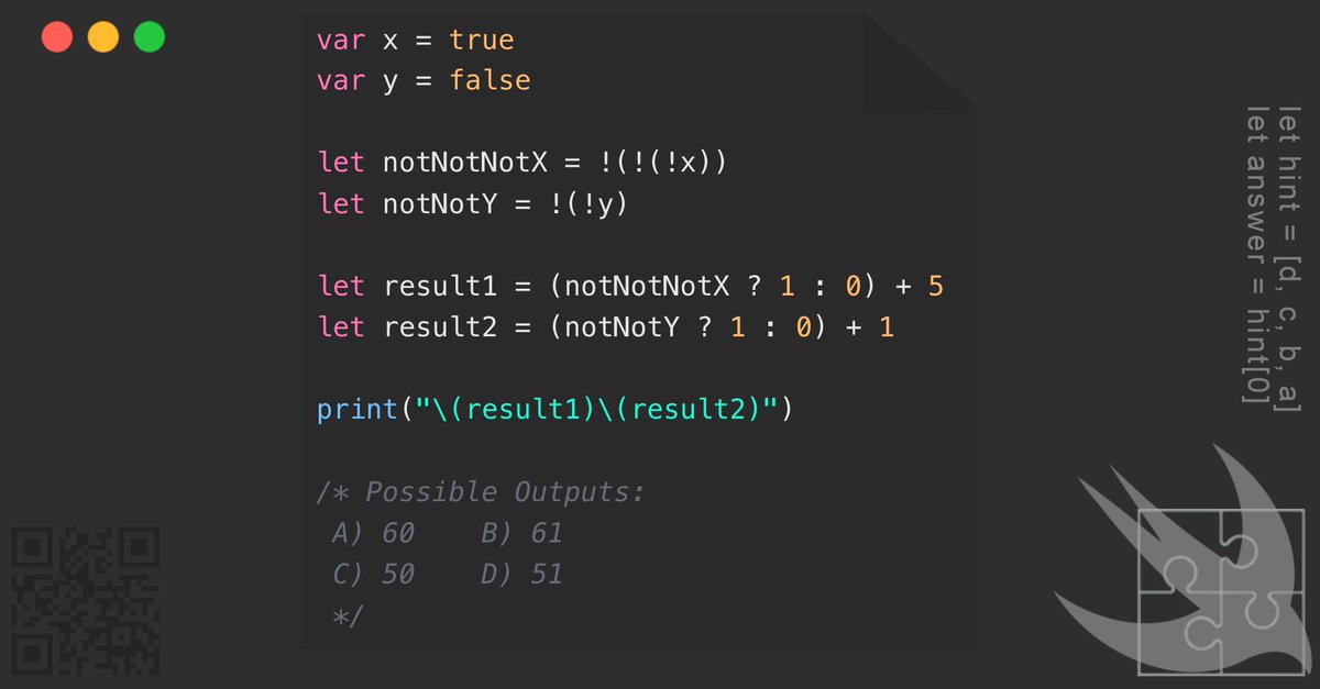GregCoolShade's tweet image. โ
โโโโ Solve this boolean puzzle in Swift! Can you crack the logic? #Swift #CodingPuzzle #ProgrammingChallenge