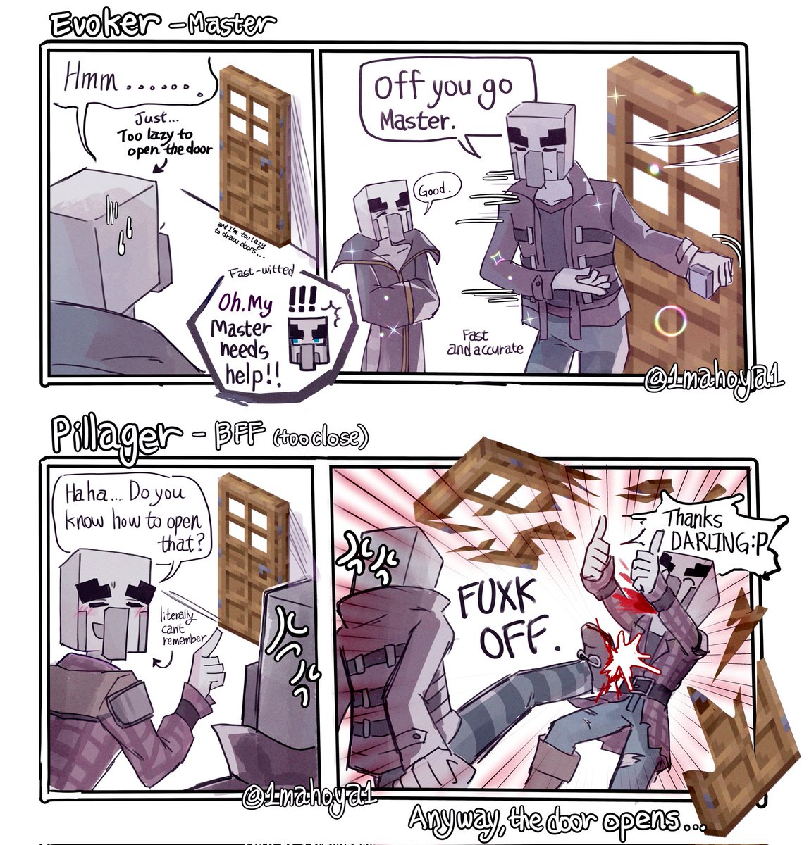 1mahoya1's tweet image. There is only one illager who can open(break) the door...

#vindicator #minecraft