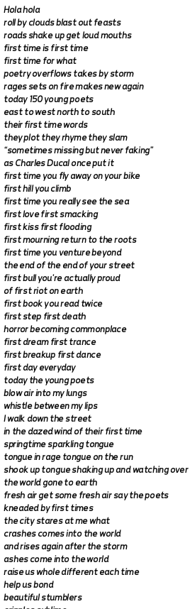 #GraphPoem #DHSI24 #computationallyassembledanthology #multiplexpoetry #DHSI facebook.com/Margento.Offic…
Hola hola
roll by clouds blast out feasts
roads shake up get loud mouths
first time is first time
first time for what
poetry overflows takes by storm
....