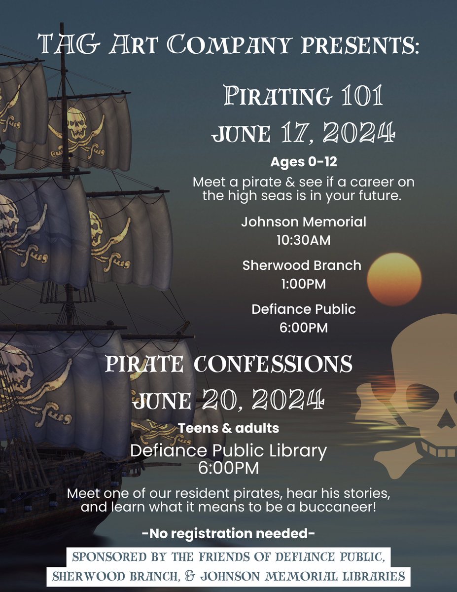 dplslibraries's tweet image. The #pirates have set sail and are headed our way! 

TAG Art Company will visit all 3 libraries next week, offering a kids program on Monday and another for teens &amp;amp; adults on Thursday at DPL! #adventurebeginsatyourlibrary