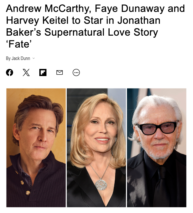 EricWheelwright's tweet image. I was asked to come on board as the 2nd Unit Director and Director/Producer of the EPK for Jonathan Baker's movie Fate. It's been an amazing ride working with such iconic talent such as Faye Dunaway, Andrew McCarthy, and Harvey Keitel, not to mention, the script is incredible!