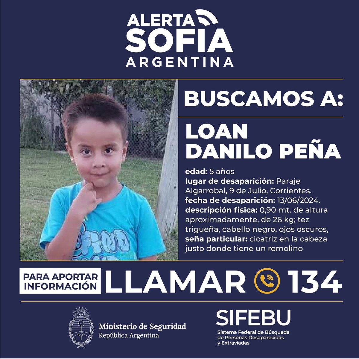 [Alerta Sofía]

🔴 Se solicita su atención y colaboración en la búsqueda de Loan Danilo Peña, de 5 años de edad, quien desapareció ayer en 9 de julio, provincia de Corrientes.  

Cualquier información puede ser comunicada a la línea 134 del Ministerio de Seguridad de la Nación.
