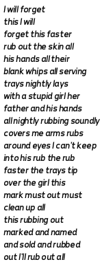 #GraphPoem #DHSI24 #DHSI24 #hermeneuticmodeling #multiplexpoetry facebook.com/Margento.Offic…
I will forget
this I will
forget this faster
rub out the skin all
his hands all their
blank whips all serving
trays nightly lays
with a stupid girl her
father an
....