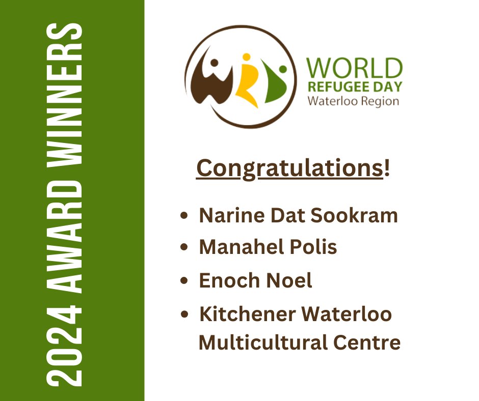 Congratulations to the 2024 WORLD REFUGEE DAY AWARDS OF DISTINCTION winners!

Join us in honouring these incredible community members at the World Refugee Day Community Event:

Saturday, June 22, <a href="/THEMUSEUM/">THEMUSEUM</a> - 10 King Street West <a href="/CityKitchener/">City of Kitchener</a>, 2:00 - 4:00 p.m. 
All are welcome!