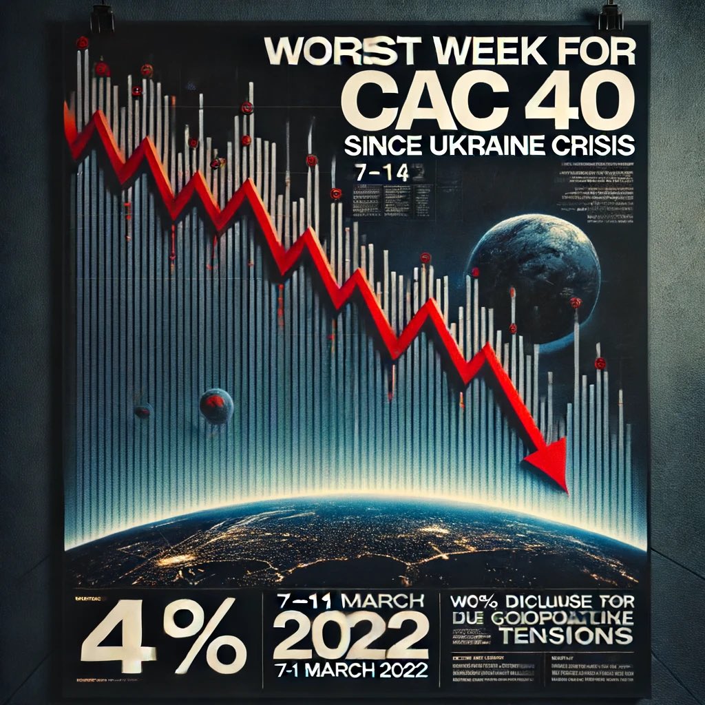 La semaine du 7 au 11 mars 2022 a été la pire pour le #CAC40 depuis le début de la crise en #Ukraine, avec une chute de 4% due aux incertitudes #géopolitiques et #économiques.