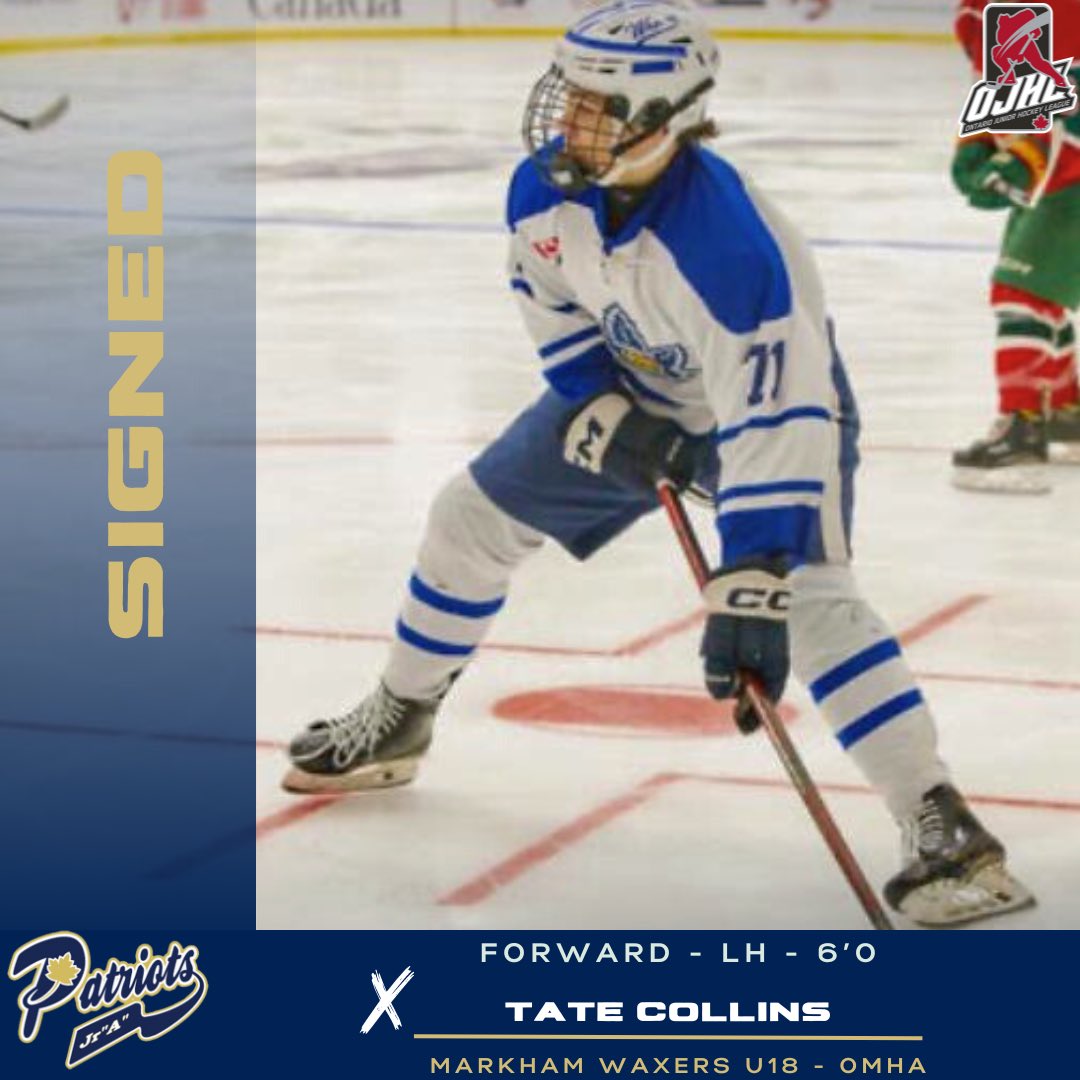 OJHLPatriots's tweet photo. 🚨 Signing Announcement! 🚨
We're pleased to introduce forward Tate Collins to the Toronto Patriots! He joins us from the Markham Waxers U18, where he scored 46 points last season. Tate was the MVP and top scorer of the OHF Championships and is currently at Everest Academy.#OJHL https://t.co/ARRV09KHs1