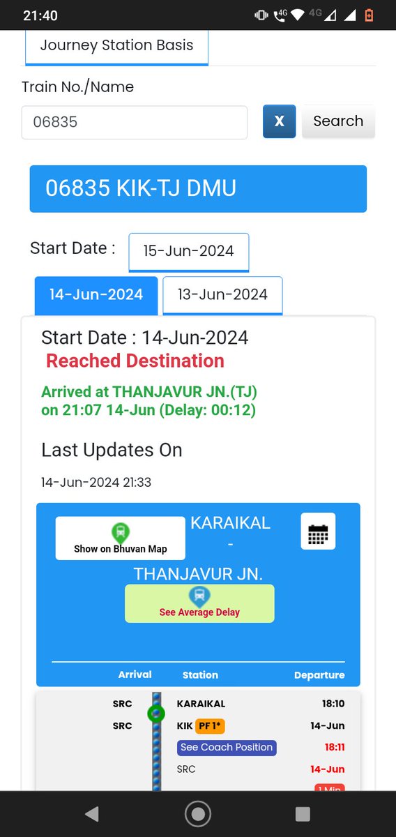 ca_mathan's tweet photo. What could be the motive for hiding the delay? Refer to the https://t.co/EX8ezPSm1m per NTES data, the train has traveled 15 kilometers in no time. Both 21:07 https://t.co/ITAxoXeQNV