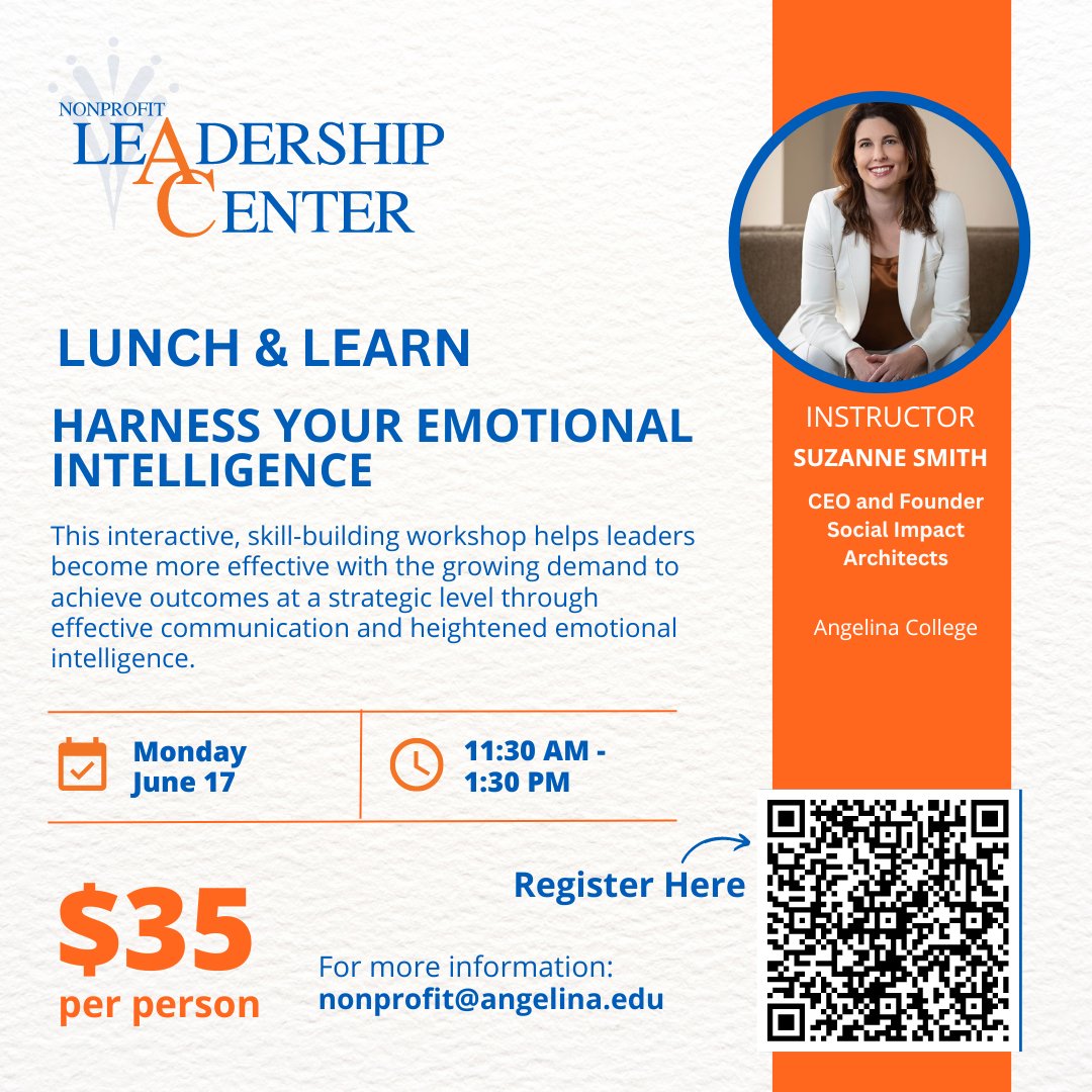 Don’t miss this! Our Founder/CEO <a href="/snstexas/">Suzanne Smith</a> will be leading an interactive, skill-building workshop to help leaders harness their emotional intelligence. Monday, June 17th 11:30-1:30 <a href="/AngelinaCollege/">Angelina College</a>