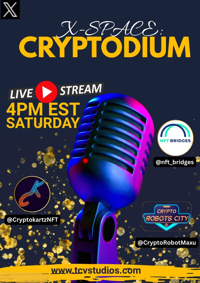 CRYPTODIUM with @CryptoRobotMaxu <a href="/CryptoKartzNFT/">CryptoKartz | Minted Out</a> and <a href="/nft_bridges/">NFT Bridges</a> 

Set your reminder;
x.com/i/spaces/1mrGm…