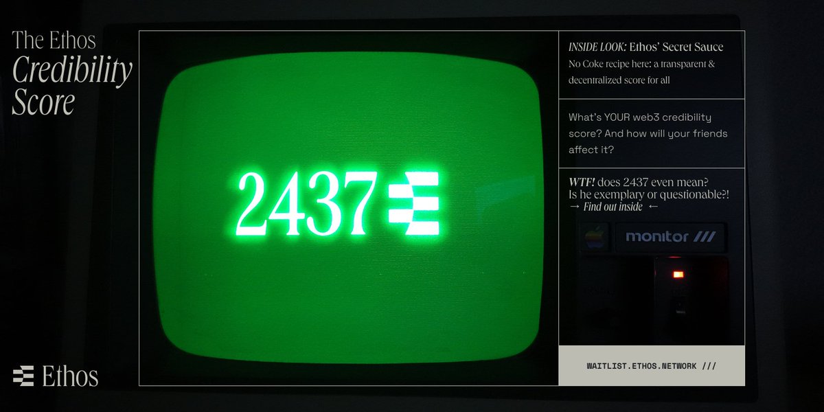 A single, objective score to measure someone's credibility in Web3. The Ethos Credibility Score.

A quick glance that shows "should I trust this person?"

or "are they about to rug me?"

Read more → mirror.xyz/serpintaxt.eth…