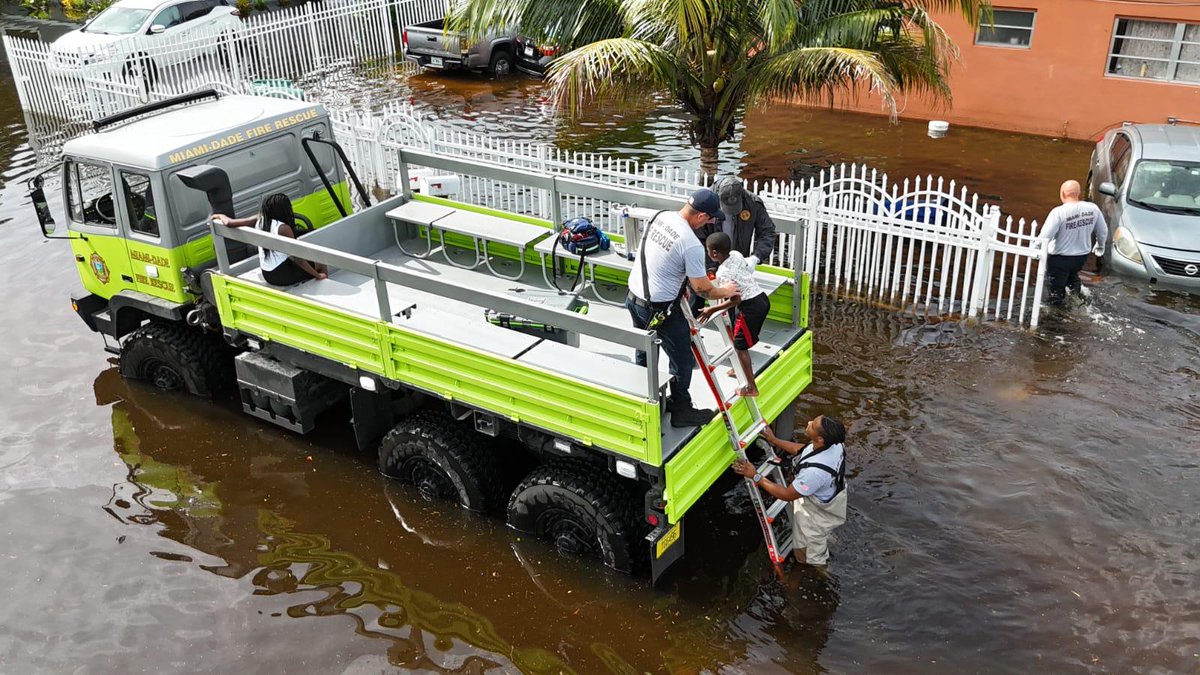 MiamiDadeFire's tweet image. On June 14 at 9:33 a.m., #MDFR responded to a flood assist call near the 1200 block and NE 144 Street.

Upon arrival, #Ladder31 and a high-water rescue vehicle found a family requesting assistance evacuating their flooded home to head to higher ground.