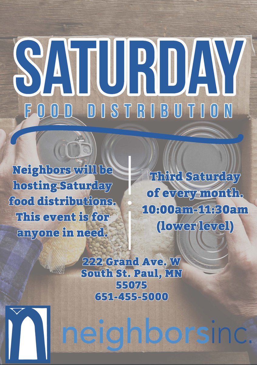 This Saturday, @neighborsinc will hold its monthly food distribution. Visit their site in South St. Paul on the third Saturday of each month, 10:00-11:30 AM, to pick up food. Neighbors also offers food distribution on Tuesdays and Thursdays, 1-3 PM.